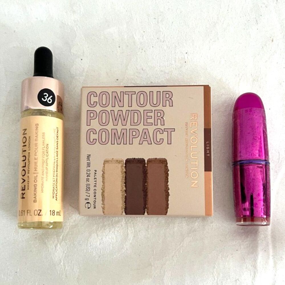 Set Of 3- Revolution Cosmetics, Eye Shadow, Lipstick, Foundation & Brus